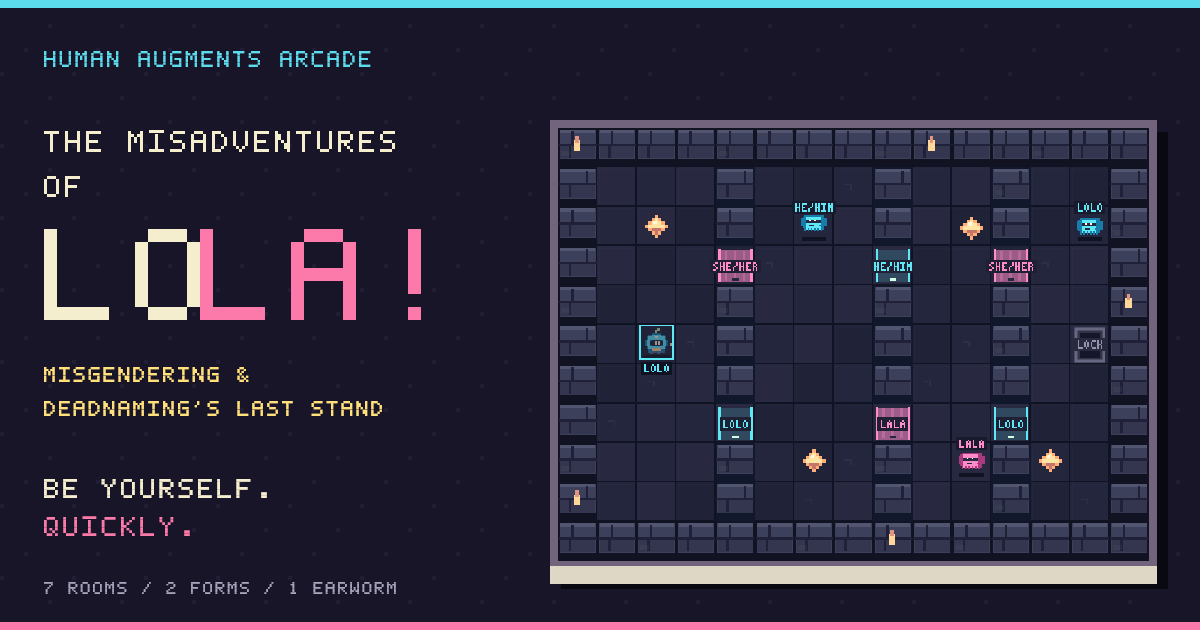 The Misadventures of Lola: original cyan and pink pixel characters in an 8-bit puzzle dungeon.
