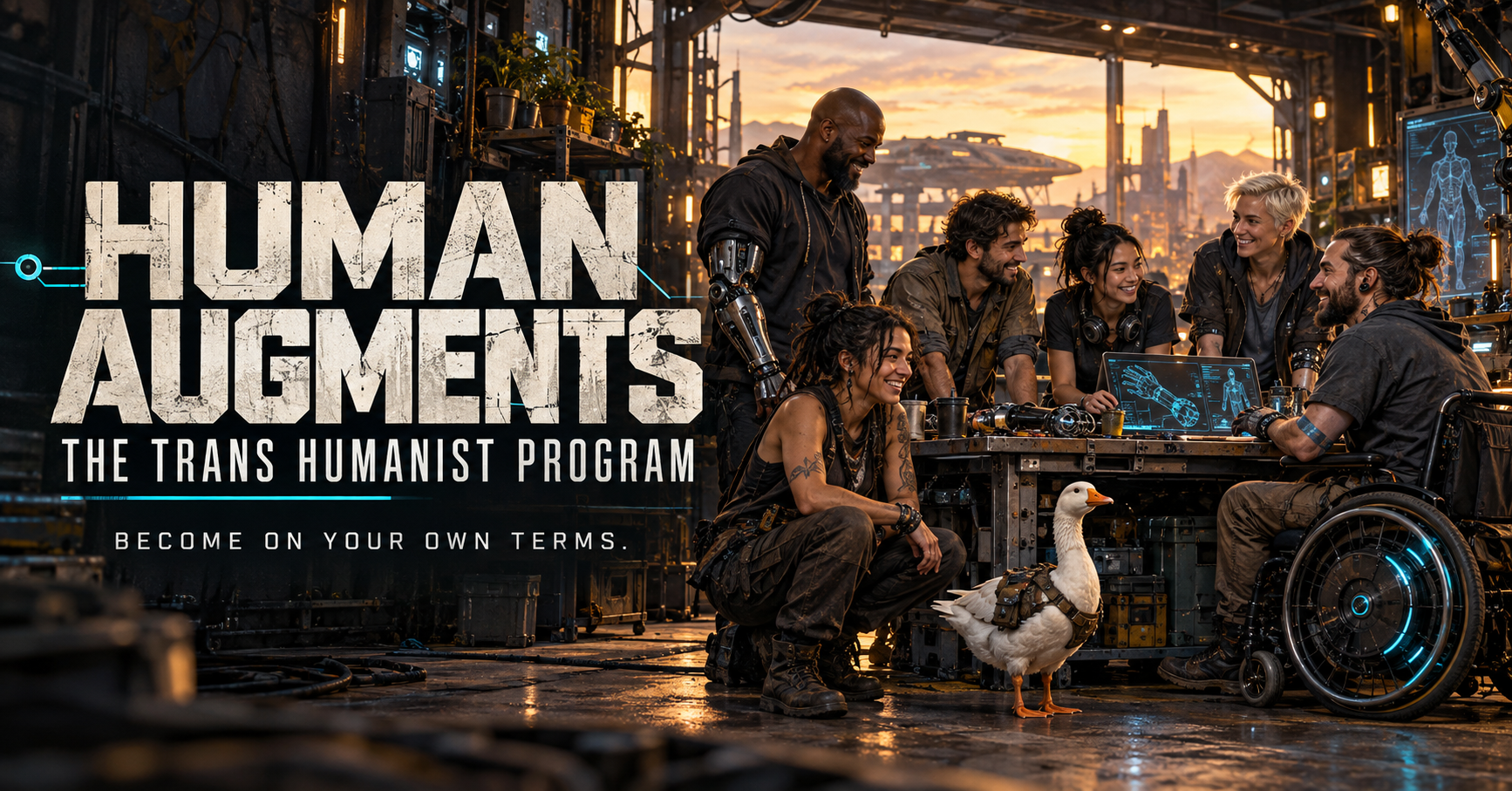 A diverse community collaborating in an amber-lit future workshop, with a prosthetic arm, a wheelchair, and a white goose in a tool harness.