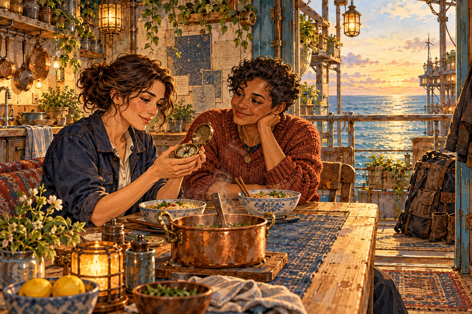 Ren gives Mira an old brass compass in their warm kitchen, with a supply pack beside the door.