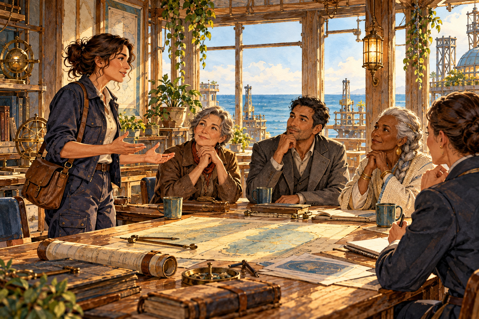 Mira speaks to the meeting while Cassidy, Theo and Elder Covenant listen around a table.